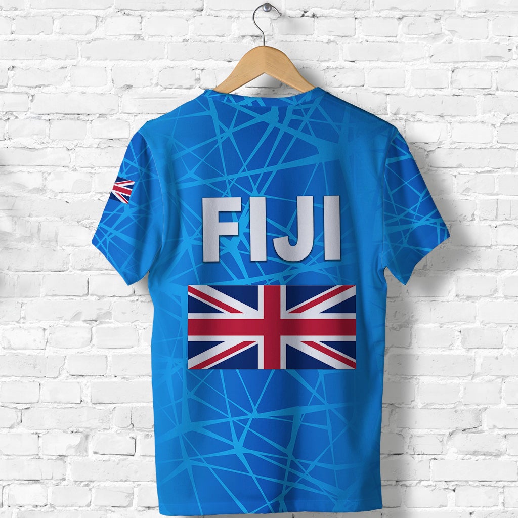 Back of blue Fiji sporty T-shirt with FIJI lettering and Union Jack flag graphic