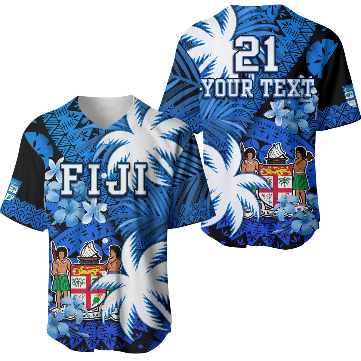 Custom Personalised Fiji Coat Of Arms Baseball Jersey Masi Tapa Mixed Palm Tree No2 Blue Color Version LT9 - Wonder Print Shop
