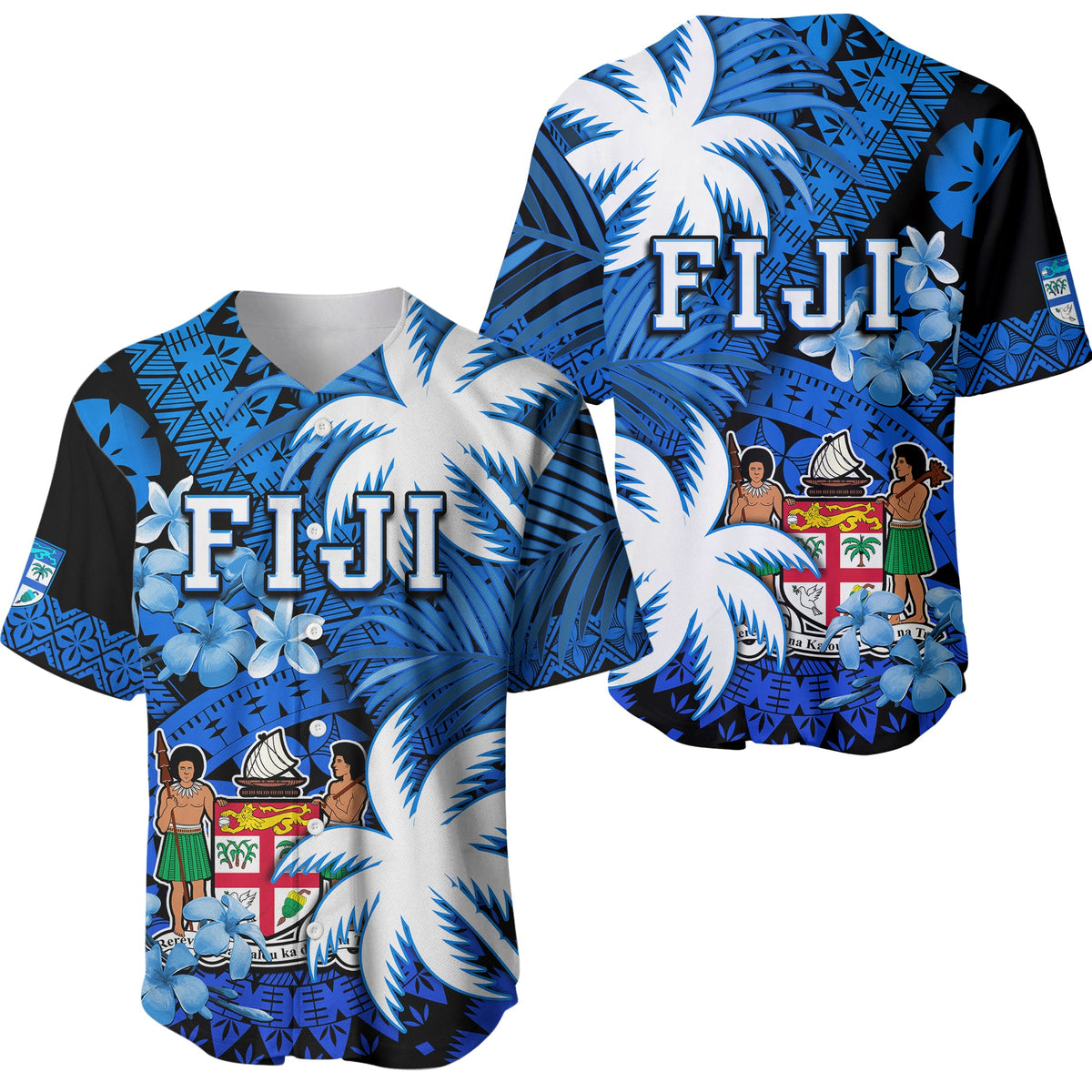 Fiji Coat Of Arms Baseball Jersey Masi Tapa Mixed Palm Tree No2 Blue Version LT9 - Wonder Print Shop