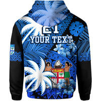 Custom Personalised Fiji Hoodie Coat Of Arms Masi Tapa Mixed Palm Tree No2 Blue Version - Wonder Print Shop