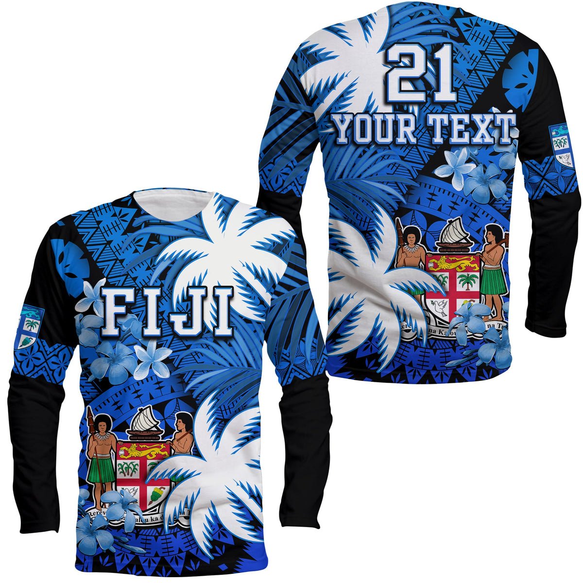 Custom Personalised Fiji Coat Of Arms Long Sleeve Shirt Masi Tapa Mixed Palm Tree No2 Blue Version - Wonder Print Shop