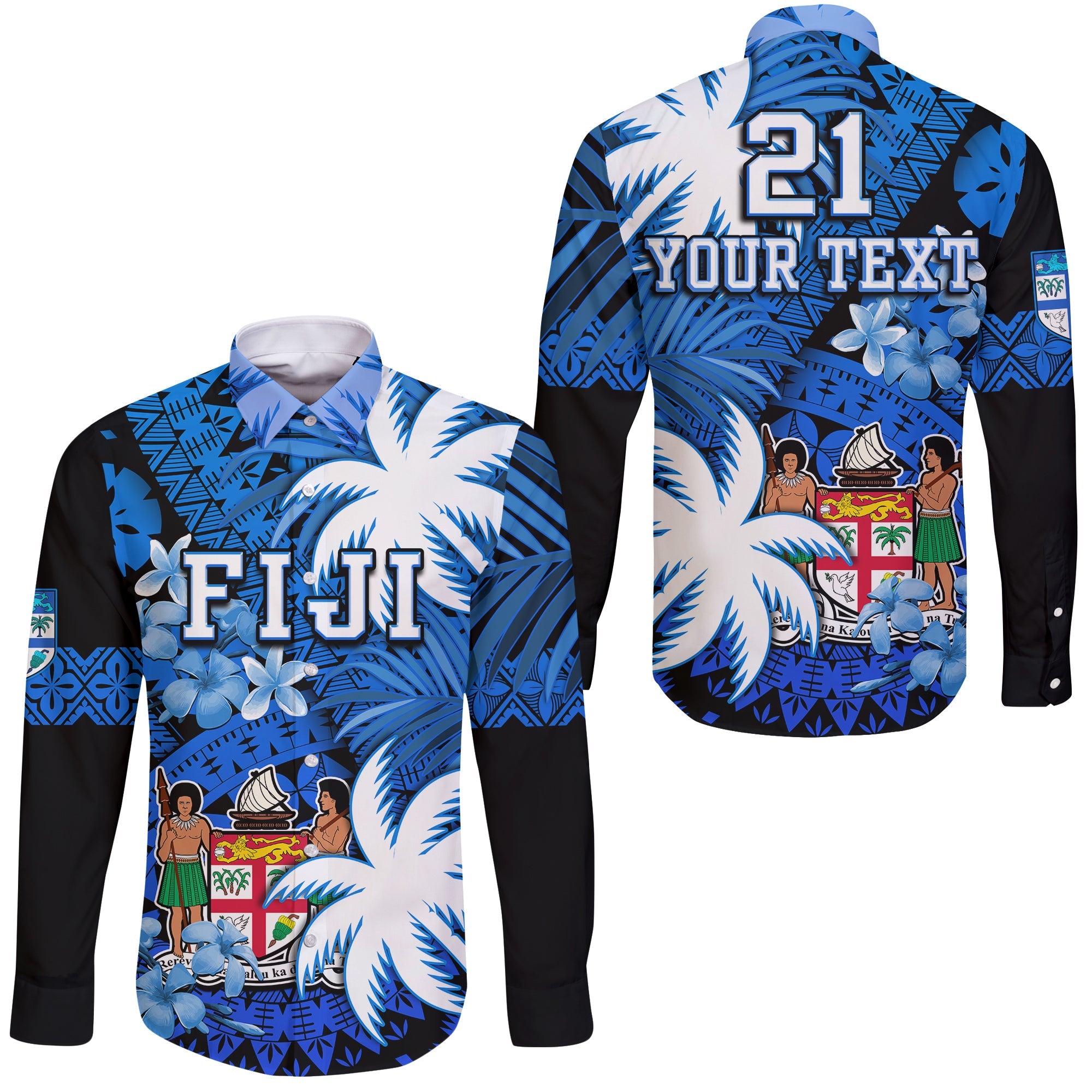 Custom Personalised Fiji Coat Of Arms Hawaii Long Sleeve Button Shirt Masi Tapa Mixed Palm Tree No2 Blue Version - Wonder Print Shop
