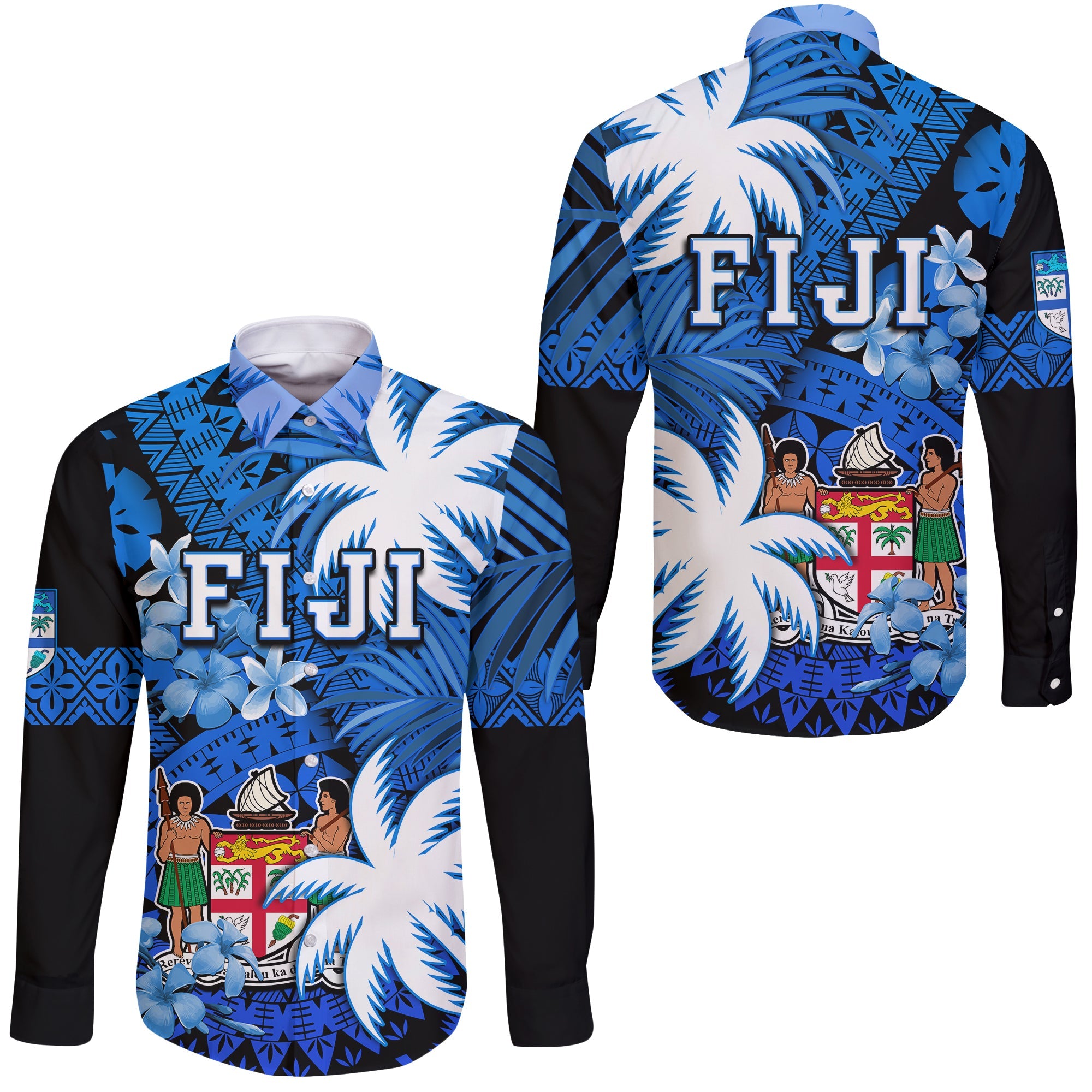 Fiji Coat Of Arms Hawaii Long Sleeve Button Shirt Masi Tapa Mixed Palm Tree No2 Blue Version - Wonder Print Shop