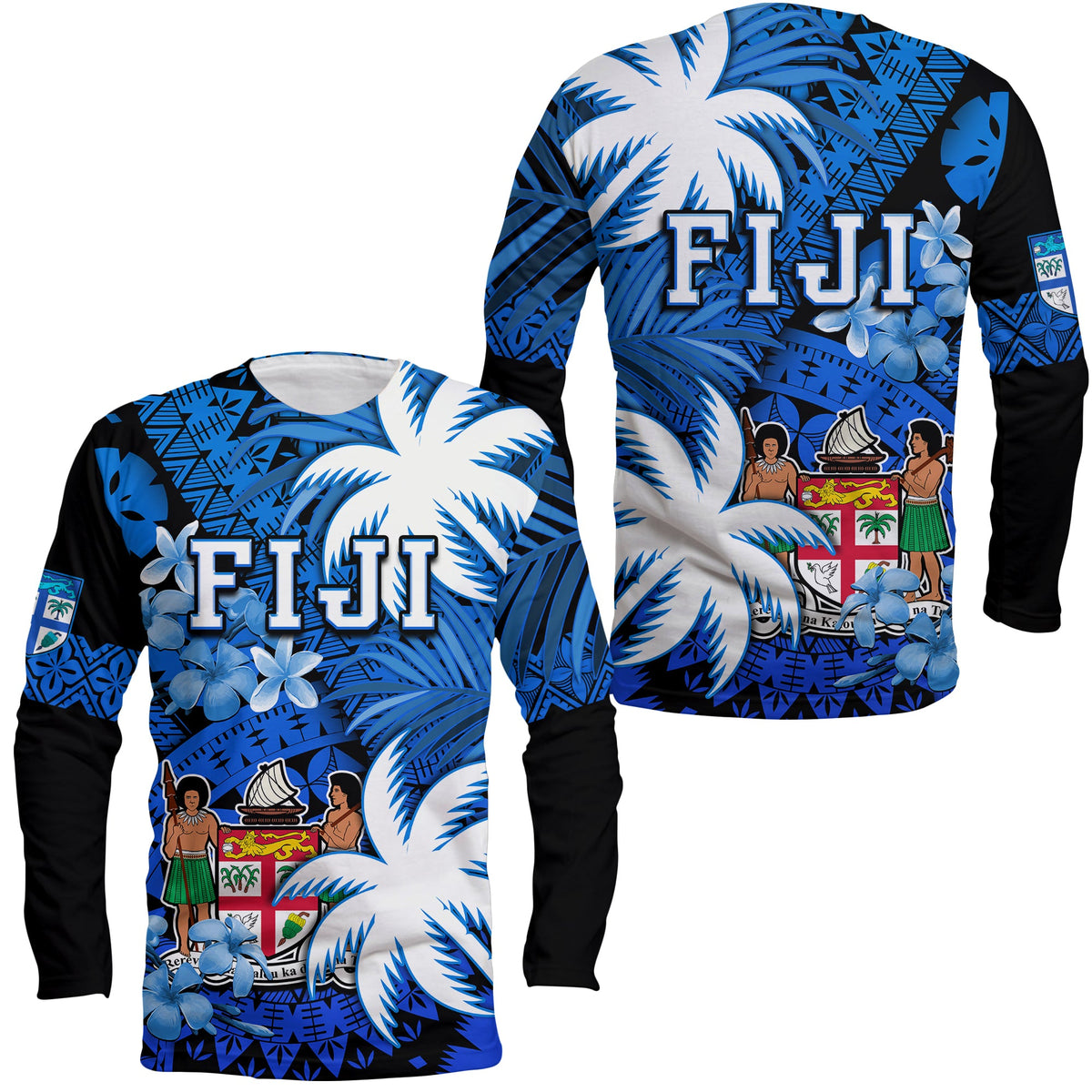 Fiji Coat Of Arms Long Sleeve Shirt Masi Tapa Mixed Palm Tree No2 Blue Version - Wonder Print Shop