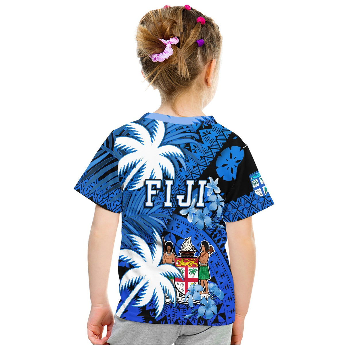 Children's blue short-sleeve T-shirt with FIJI logo and tropical palm leaf back print