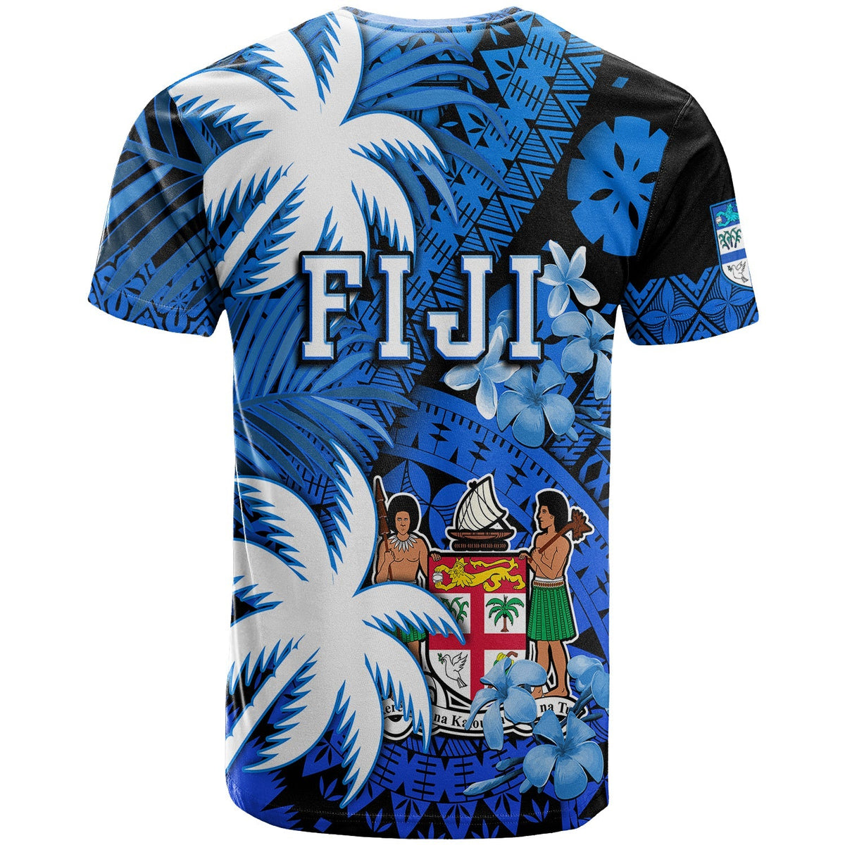 Blue short-sleeve T-shirt with FIJI logo and tropical palm leaf print on back
