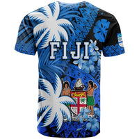Blue short-sleeve T-shirt with FIJI logo and tropical palm leaf print on back