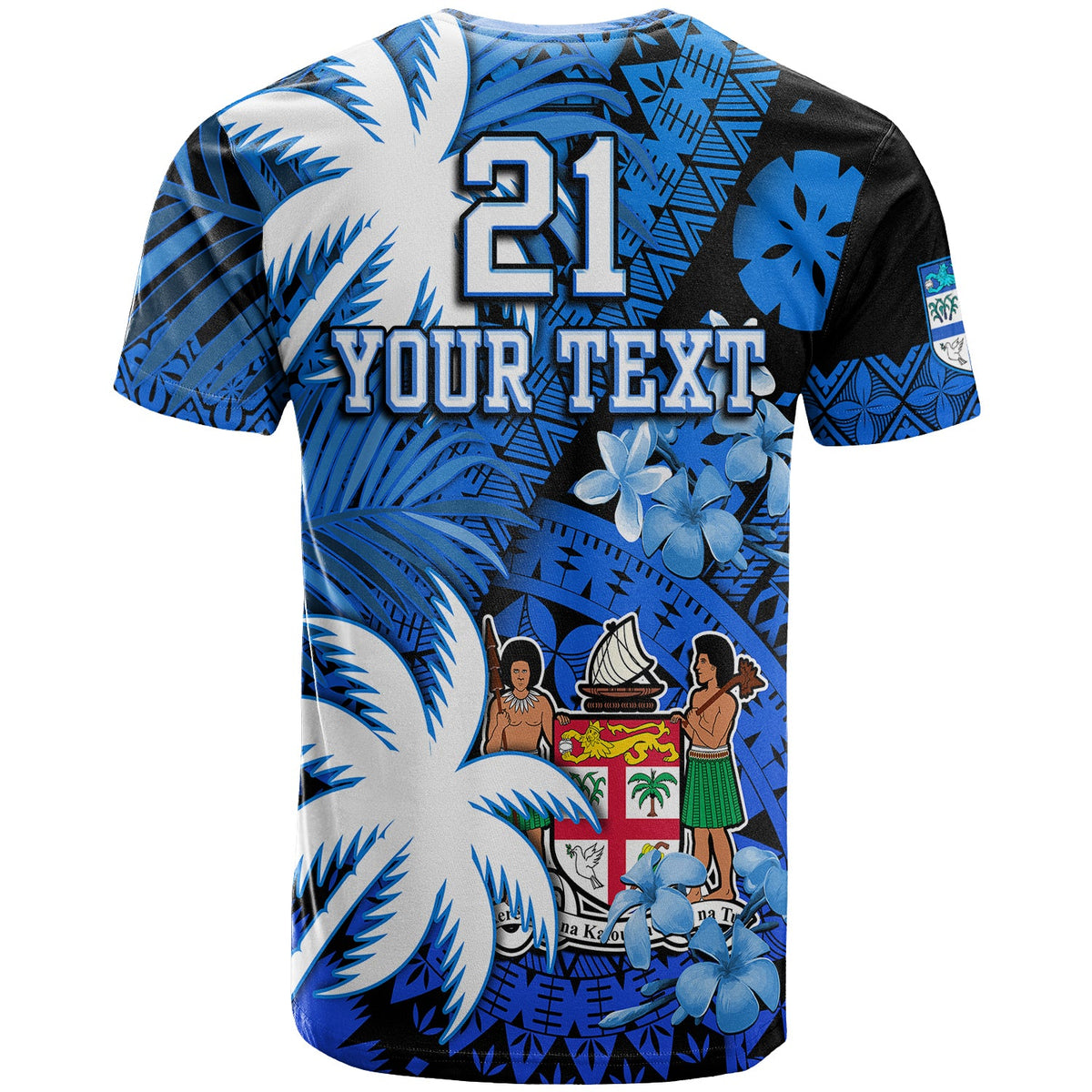 Blue and white graphic T-shirt with large 21 and 'YOUR TEXT' lettering, palm leaf pattern.