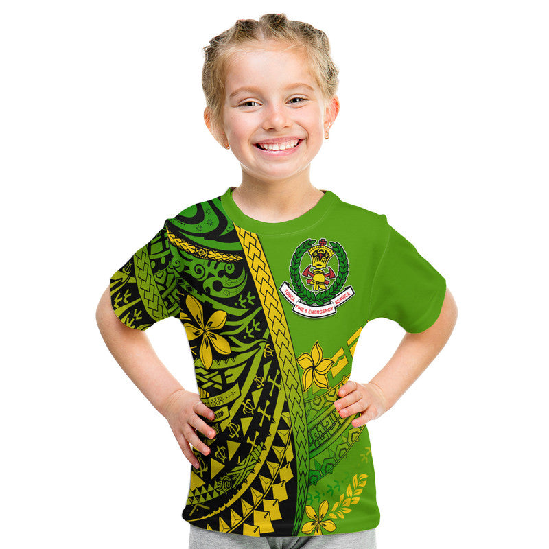 Kids green T-shirt with Polynesian geometric print and chest fire-emblem logo, short sleeves.