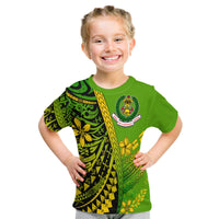 Kids green T-shirt with Polynesian geometric print and chest fire-emblem logo, short sleeves.