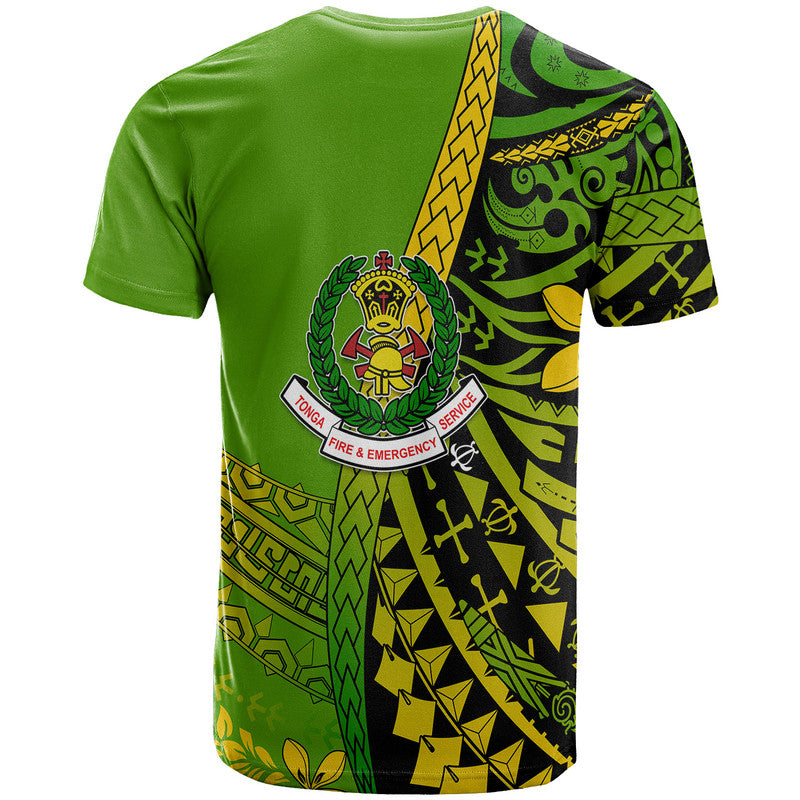 Green T-shirt back with Polynesian pattern stripe and central fire-emblem logo, short sleeves.