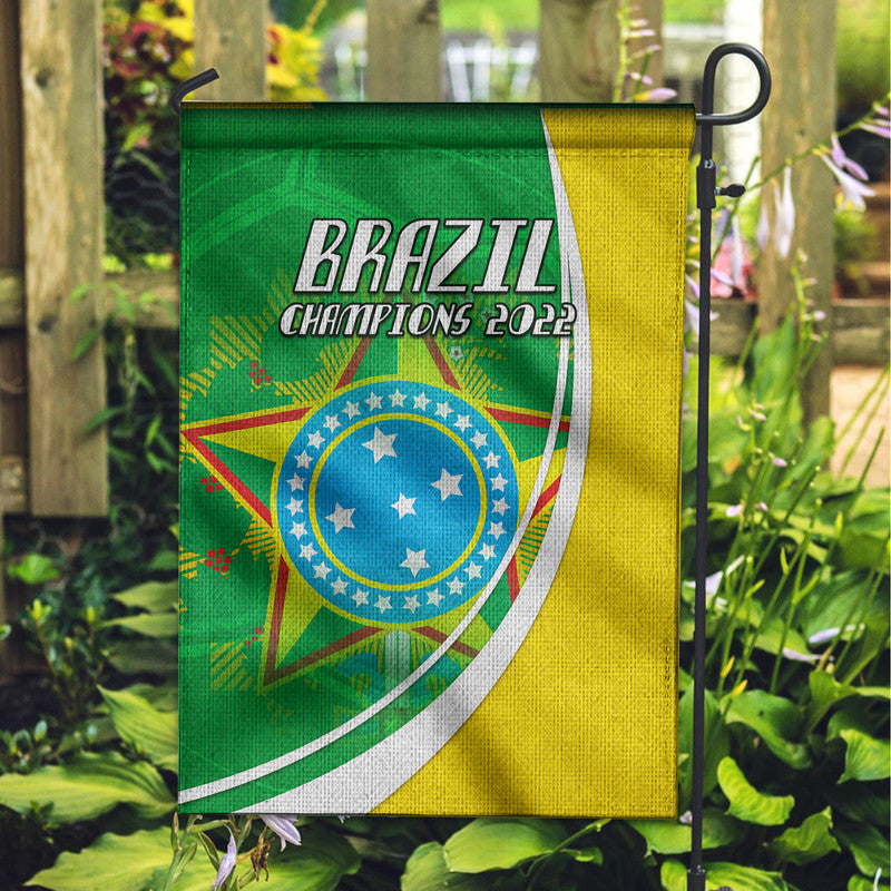 Brazil house flag on pole, green and yellow with BRASIL Champions 2022 emblem
