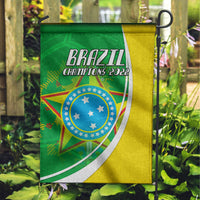 Brazil house flag on pole, green and yellow with BRASIL Champions 2022 emblem