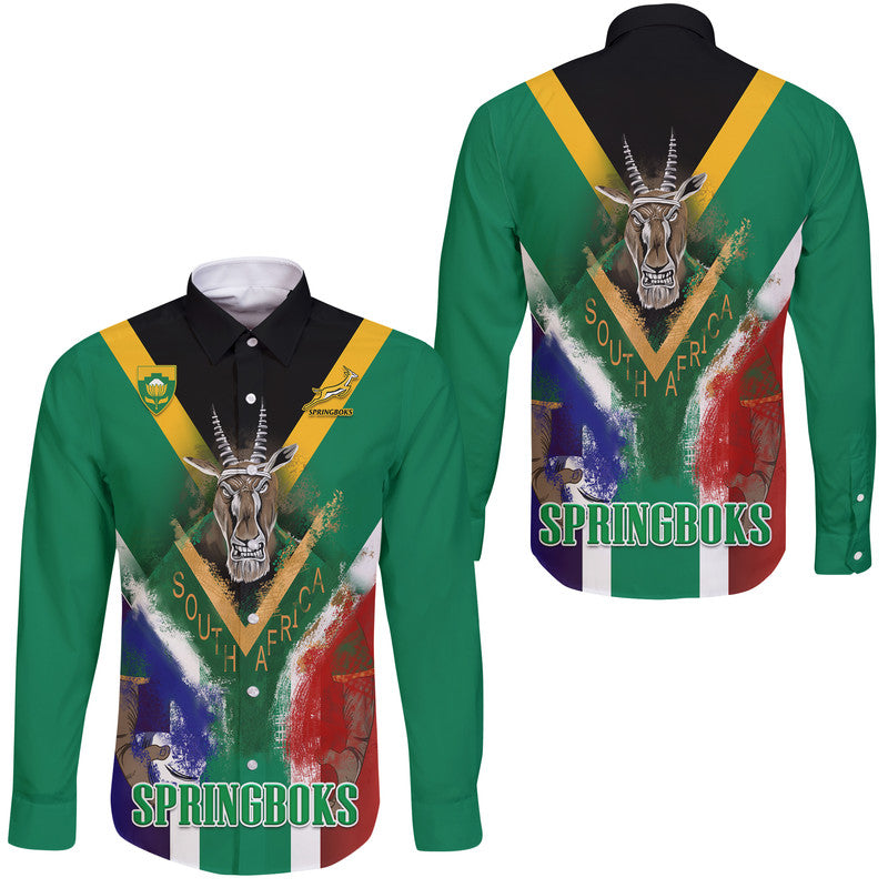 South Africa Springboks Rugby Hawaii Long Sleeve Button Shirt Bokke Flag Style - Wonder Print Shop