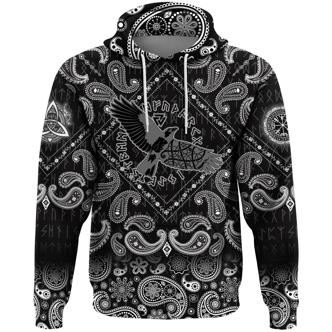 Viking Hoodie Flying Black Raven In Circle Of Scandinavian Runic Symbols with Bandana Paisley Style RLT12 - Wonder Print Shop