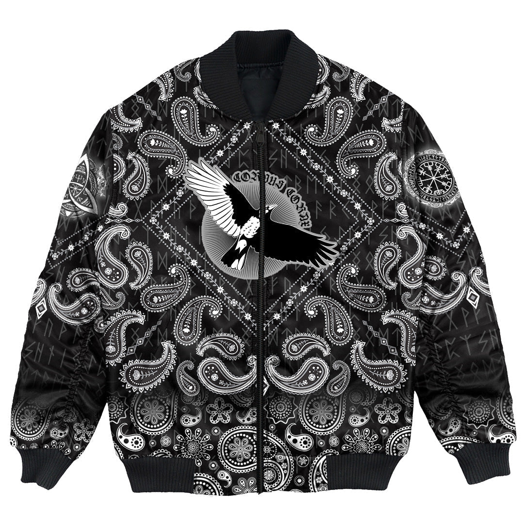 Viking Bomber Jacket Flying Mighty Black Raven with Bandana Paisley Style RLT12 - Wonder Print Shop
