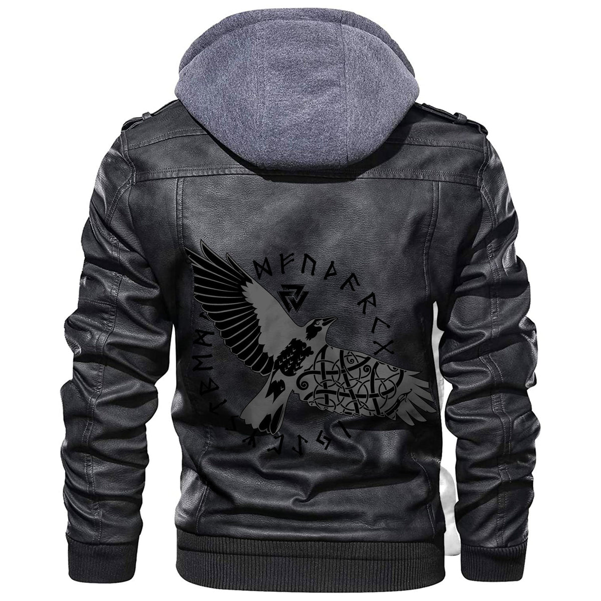 Viking Flying Black Raven In A Circle Of Scandinavian Runic Symbols Leather Jacket RLT12 - Wonder Print Shop
