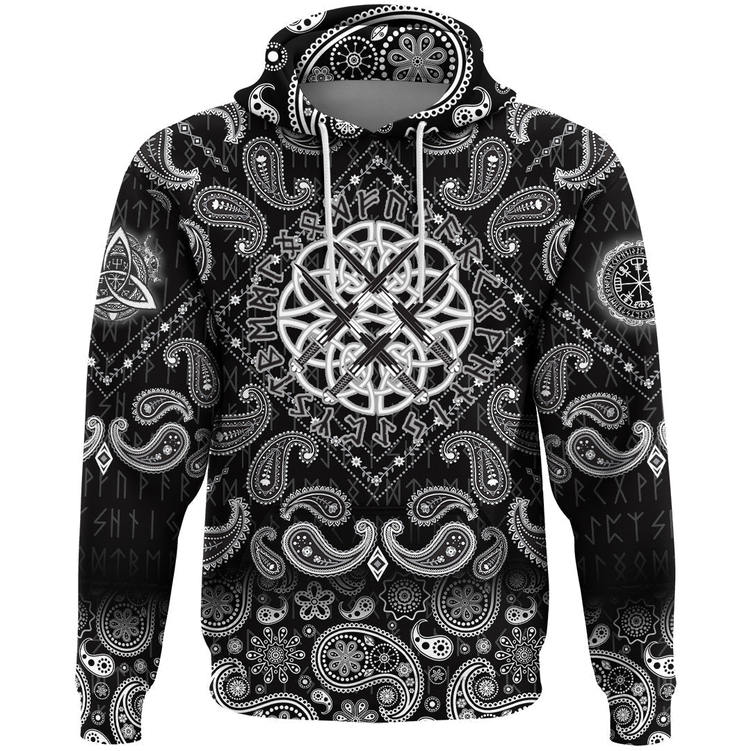 Viking Hoodie Four Crossed The Sword In Circle Of Norse Runes with Bandana Paisley Style RLT12 - Wonder Print Shop