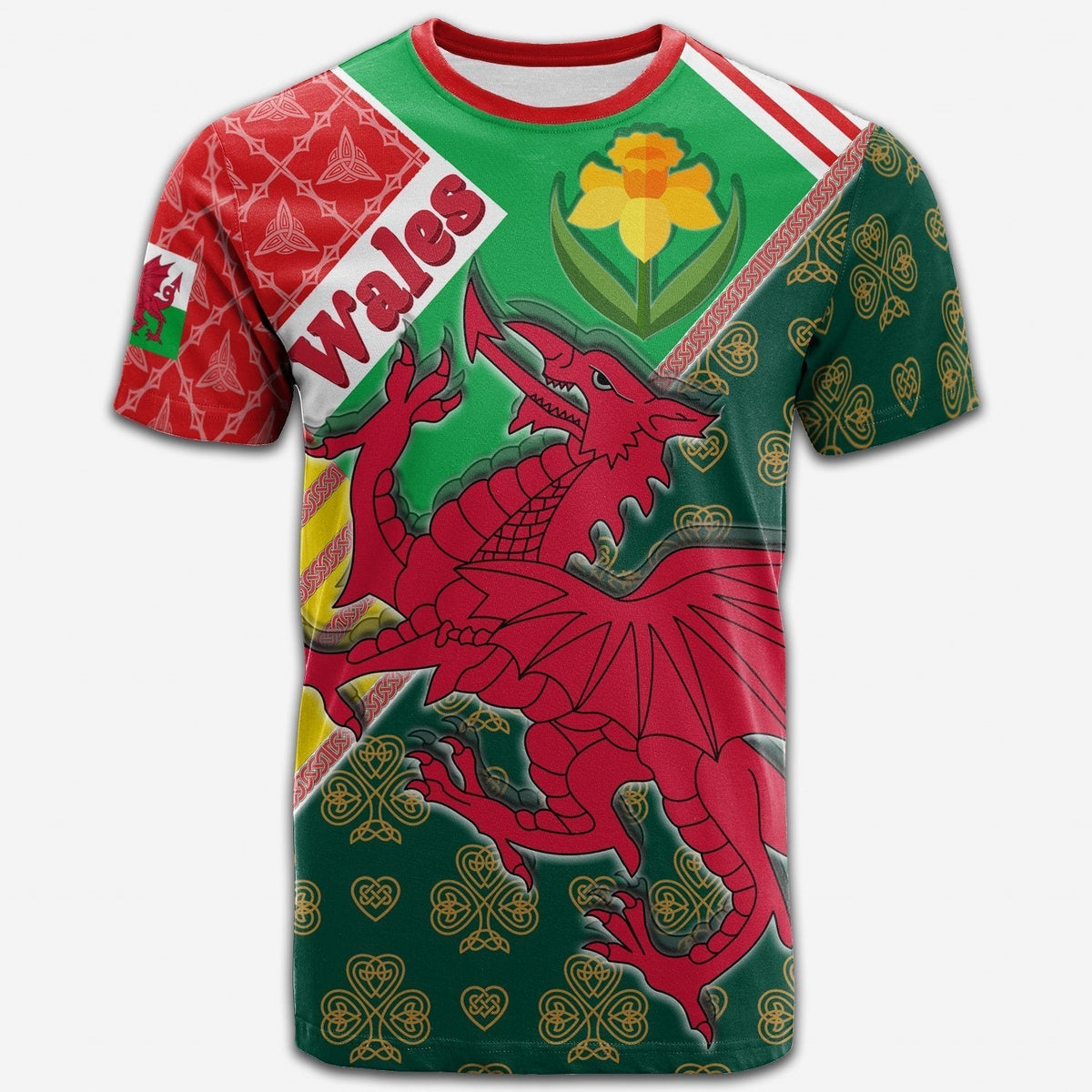 Celtic Wales T Shirt Cymru Dragon and Daffodils - Wonder Print Shop
