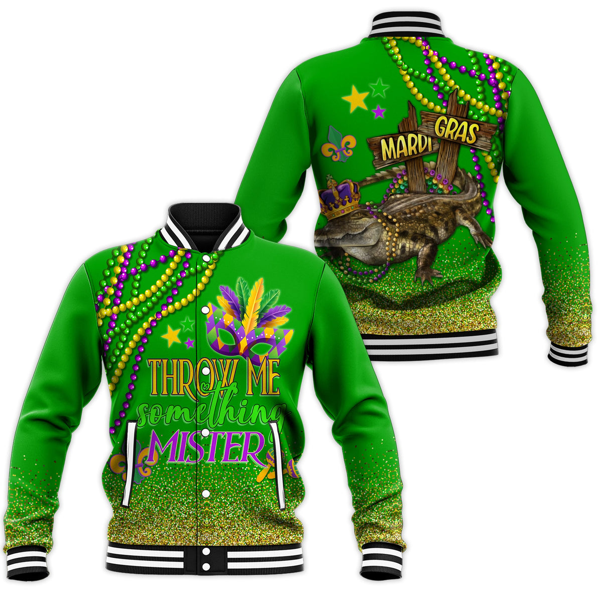 Baseball Jacket Mardi Gras - Throw Me Something Mister (Green) LT7 - Wonder Print Shop