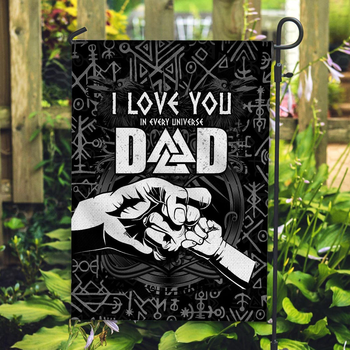 Garden flag with Viking dad graphic: 'I LOVE YOU' over 'DAD' on black with white runes
