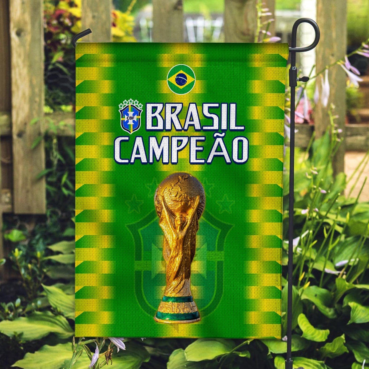 Brazil house flag, green with yellow check border, BRASIL CAMPEAO lettering and golden cup