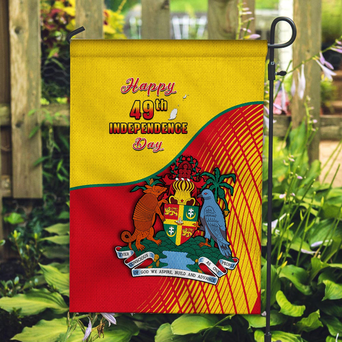 Yellow and red independence day garden flag with coat of arms and Happy 49th Independence Day on hook