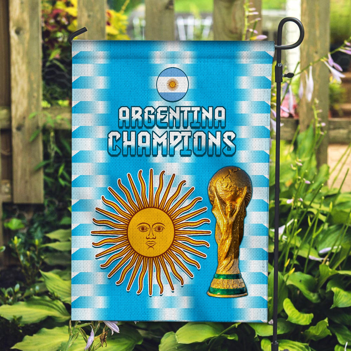Argentina champions flag with blue check pattern, sun emblem, crest, and gold trophy