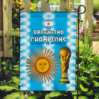 Argentina champions flag with blue check pattern, sun emblem, crest, and gold trophy