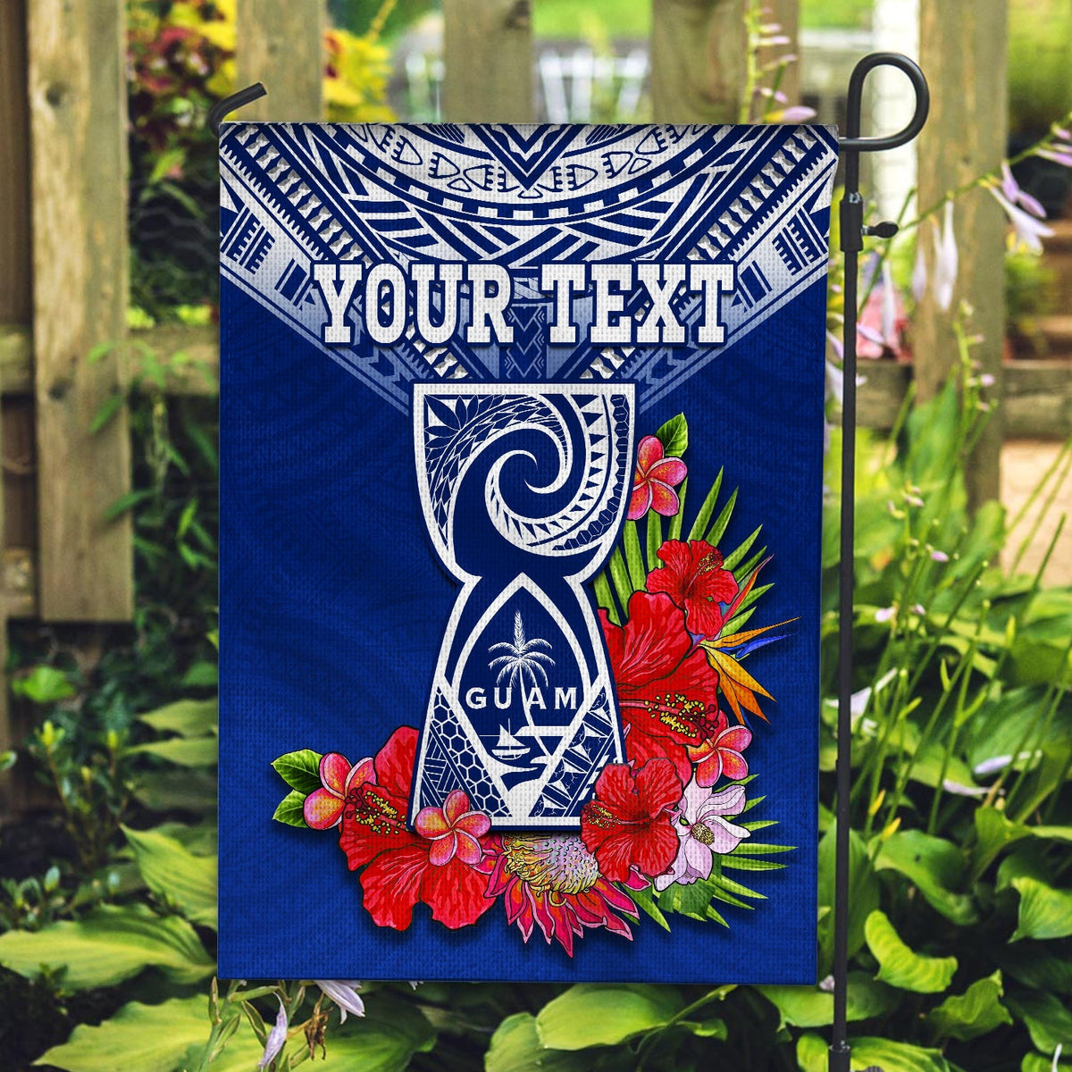 Custom Personalised Guam Chamorro Flag Guaman Latte Stone Tropical Flowers Blue Version - Wonder Print Shop