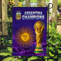 Purple Argentina Champions garden flag with AFA crest, sun emblem, and trophy image