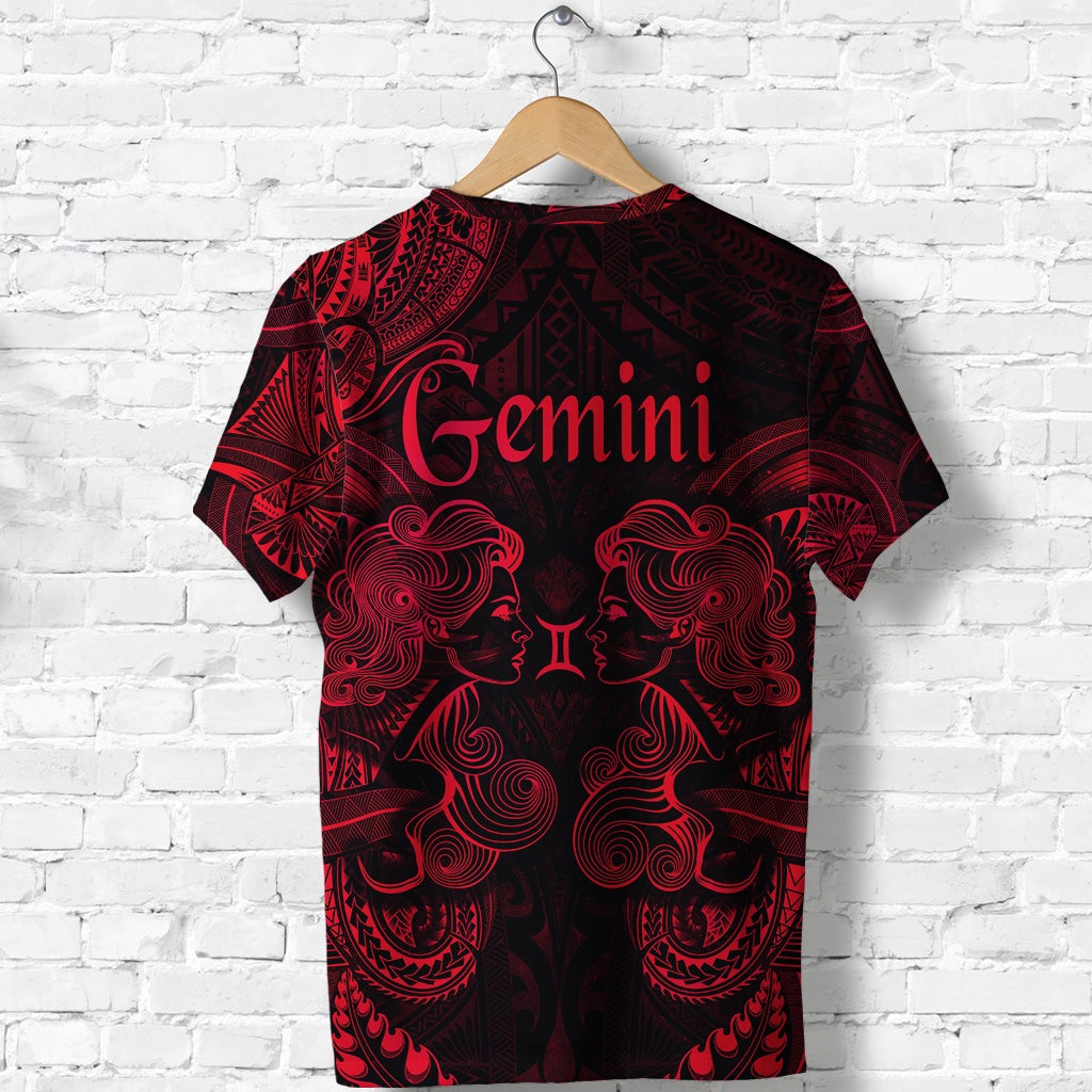 Red and black Gemini zodiac T-shirt, back view with 'Gemini' and twin face graphic