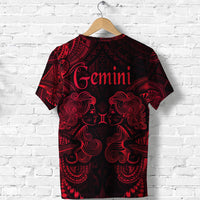 Red and black Gemini zodiac T-shirt, back view with 'Gemini' and twin face graphic