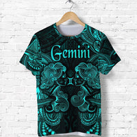 Turquoise Gemini zodiac Polynesian T-shirt with twin face graphic, crew neck