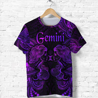 Purple Gemini zodiac Polynesian-style T‑shirt with twin face graphic, crew neck