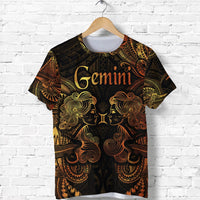 Black Gemini zodiac T-shirt with gold and orange Polynesian couple graphic, crew neck