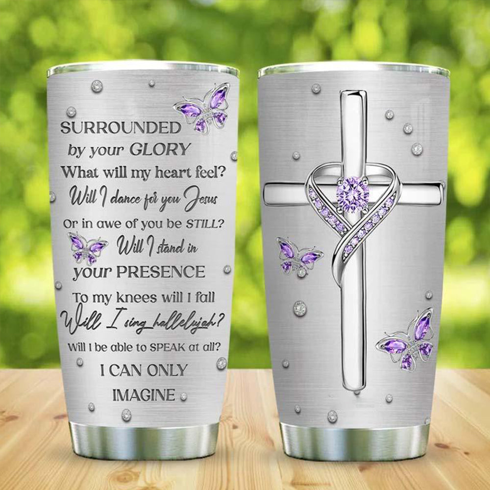 Silver tumbler with purple heart cross and butterflies, rhinestone dots, front view