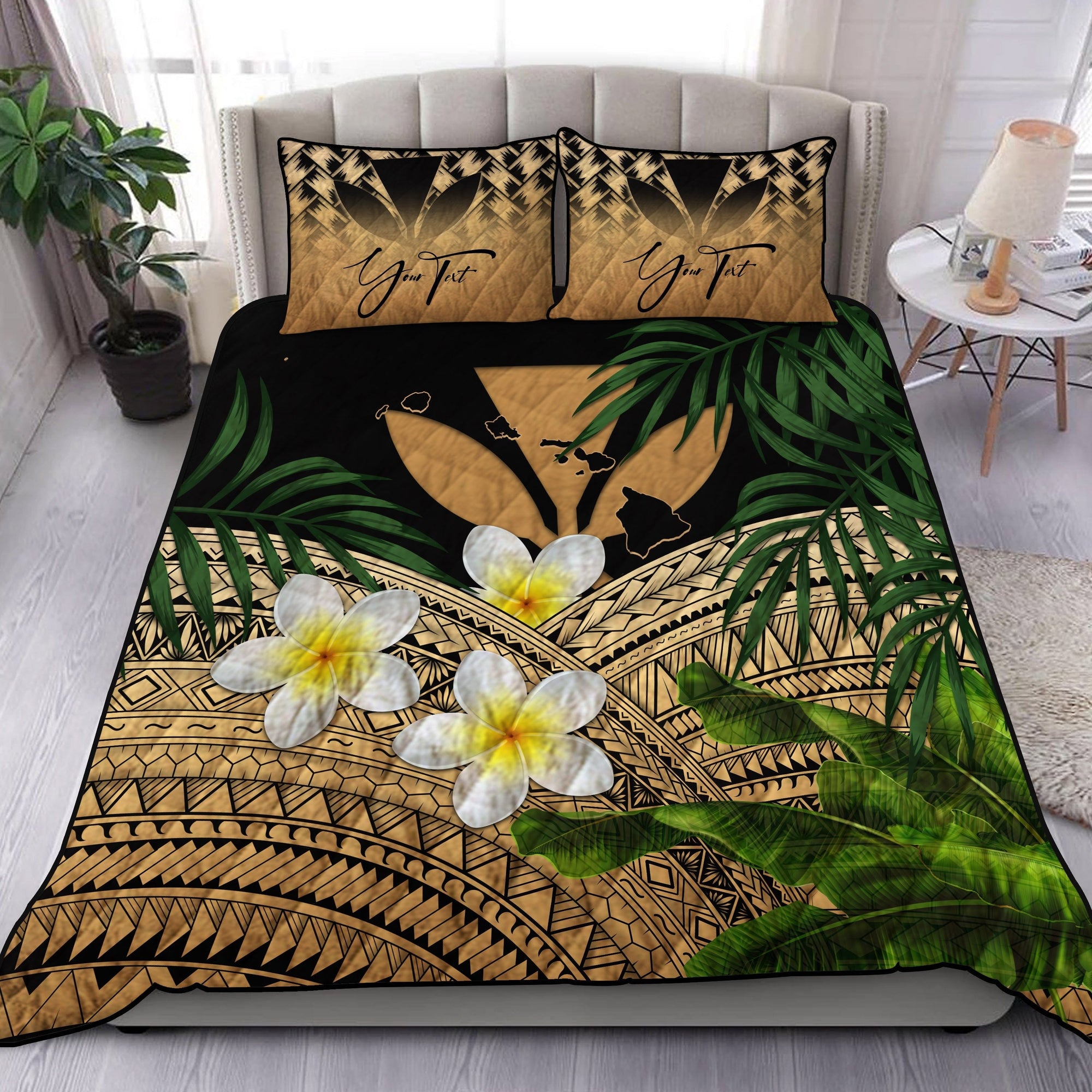 custom-kanaka-maoli-hawaiian-quilt-bed-set-polynesian-plumeria-banana-leaves-gold-personal-signature