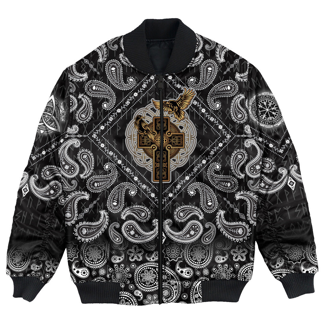 Viking Bomber Jacket Golden Reven Cross with Bandana Paisley Style RLT12 - Wonder Print Shop