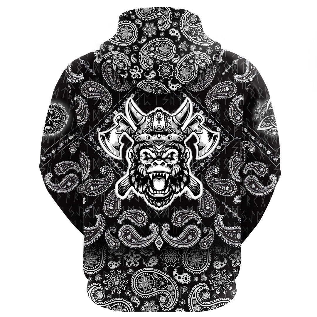 Viking Hoodie GorillHead With Helmet and Axe with Bandana Paisley Style RLT12 - Wonder Print Shop
