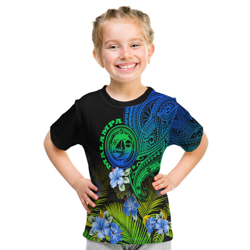 Gradient graphic kids T-shirt with circular emblem, blue tribal patterns, and hibiscus flowers