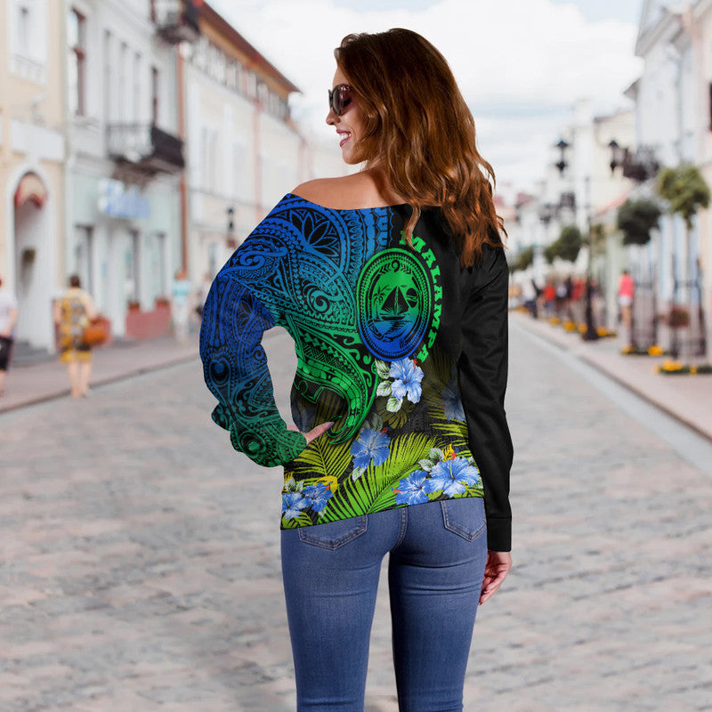 Vanuatu Malampa Province Women Off Shoulder Sweater Hibiscus Tribal Polynesian Tattoo Ver Gradient - Wonder Print Shop