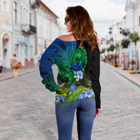 Vanuatu Malampa Province Women Off Shoulder Sweater Hibiscus Tribal Polynesian Tattoo Ver Gradient - Wonder Print Shop