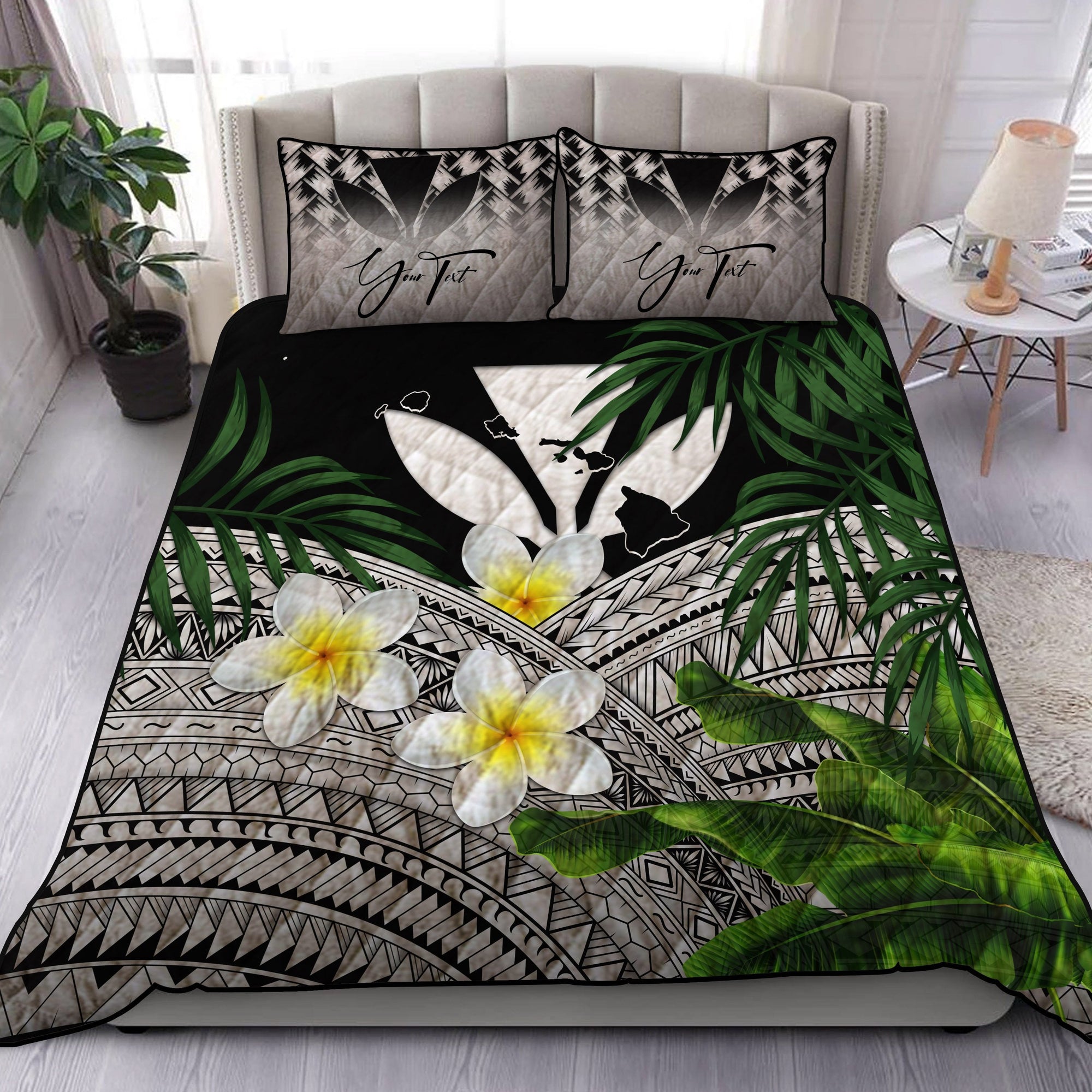 custom-kanaka-maoli-hawaiian-quilt-bed-set-polynesian-plumeria-banana-leaves-gray-personal-signature