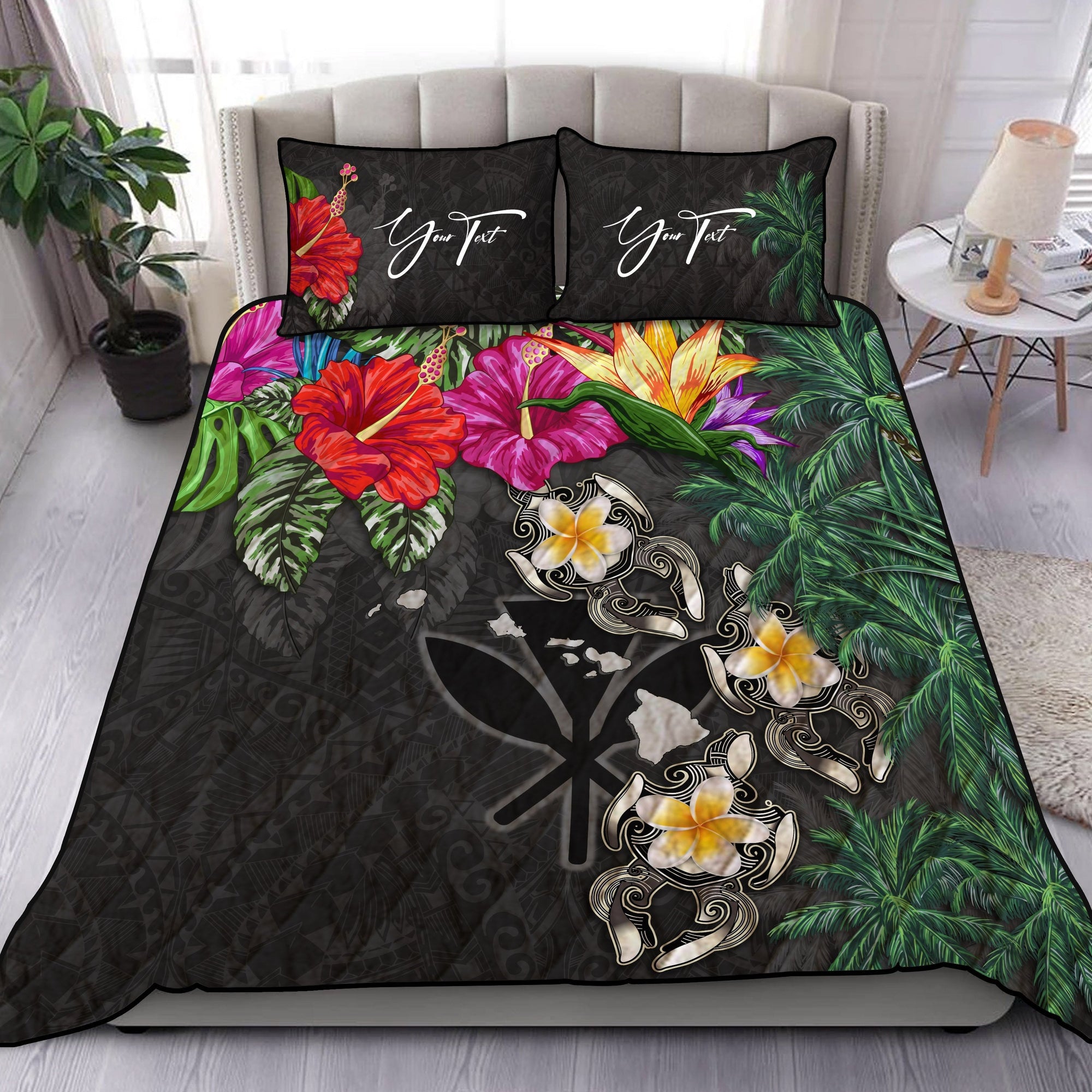 custom-kanaka-maoli-hawaiian-quilt-bed-set-hibiscus-turtle-tattoo-gray-personal-signature
