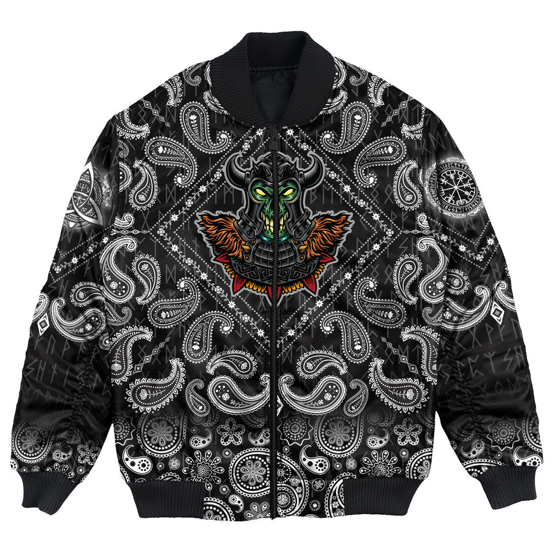 Viking Bomber Jacket Green Demon With Horn Metal Helmet with Bandana Paisley Style RLT12 - Wonder Print Shop