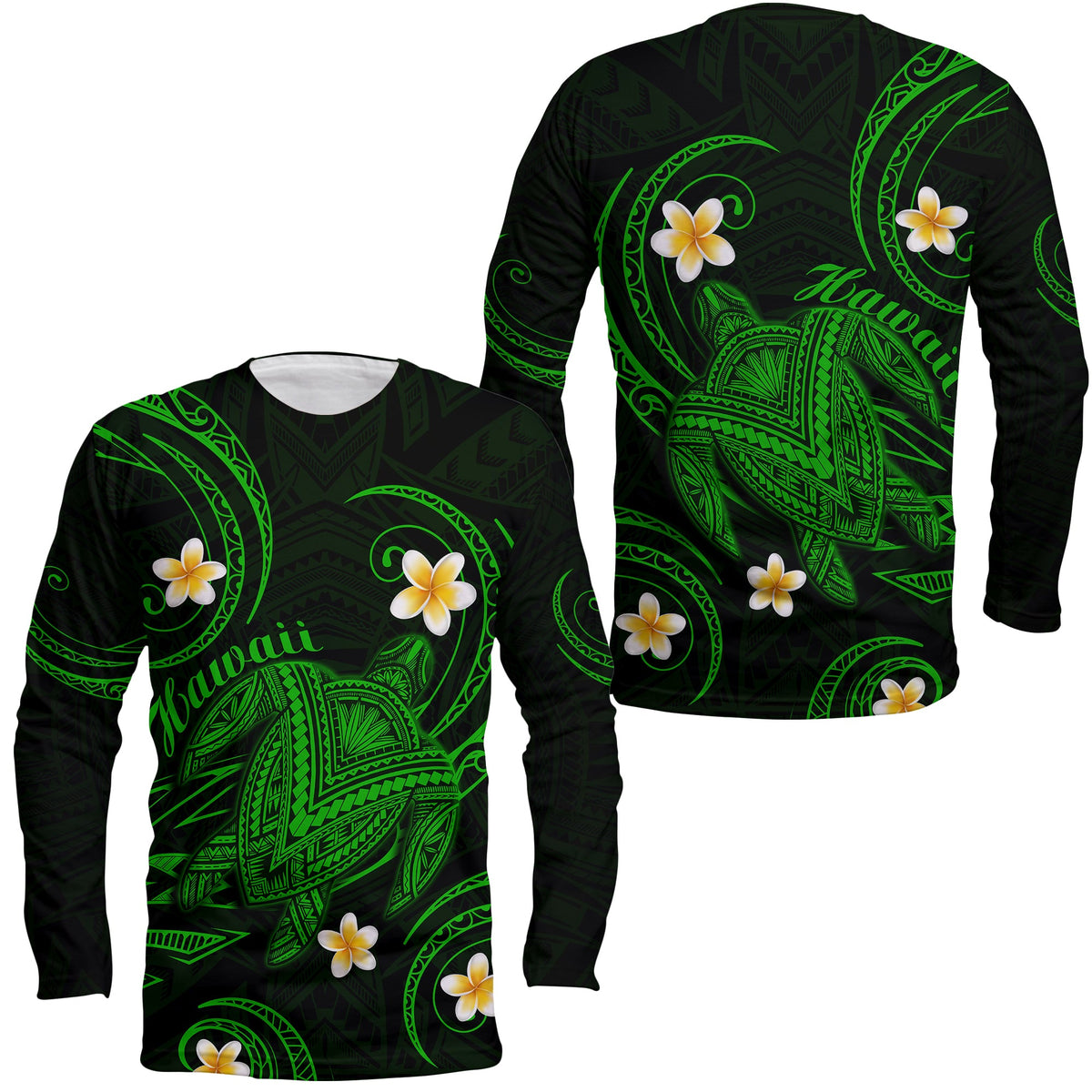 Hawaii Long Sleeve Shirt Hawaiian Turtle Plumeria Mixed Polynesian Green Style - Wonder Print Shop