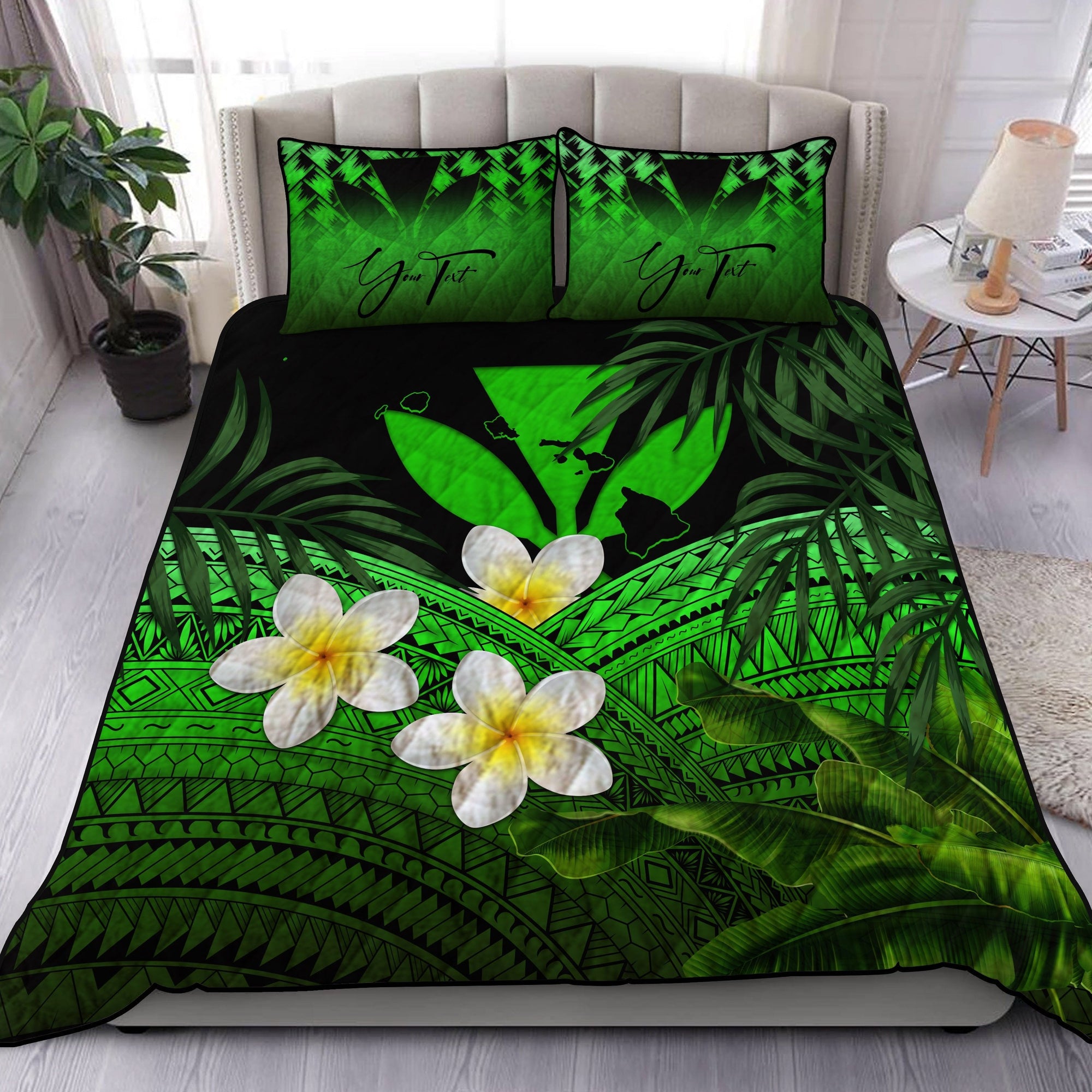 custom-kanaka-maoli-hawaiian-quilt-bed-set-polynesian-plumeria-banana-leaves-green-personal-signature