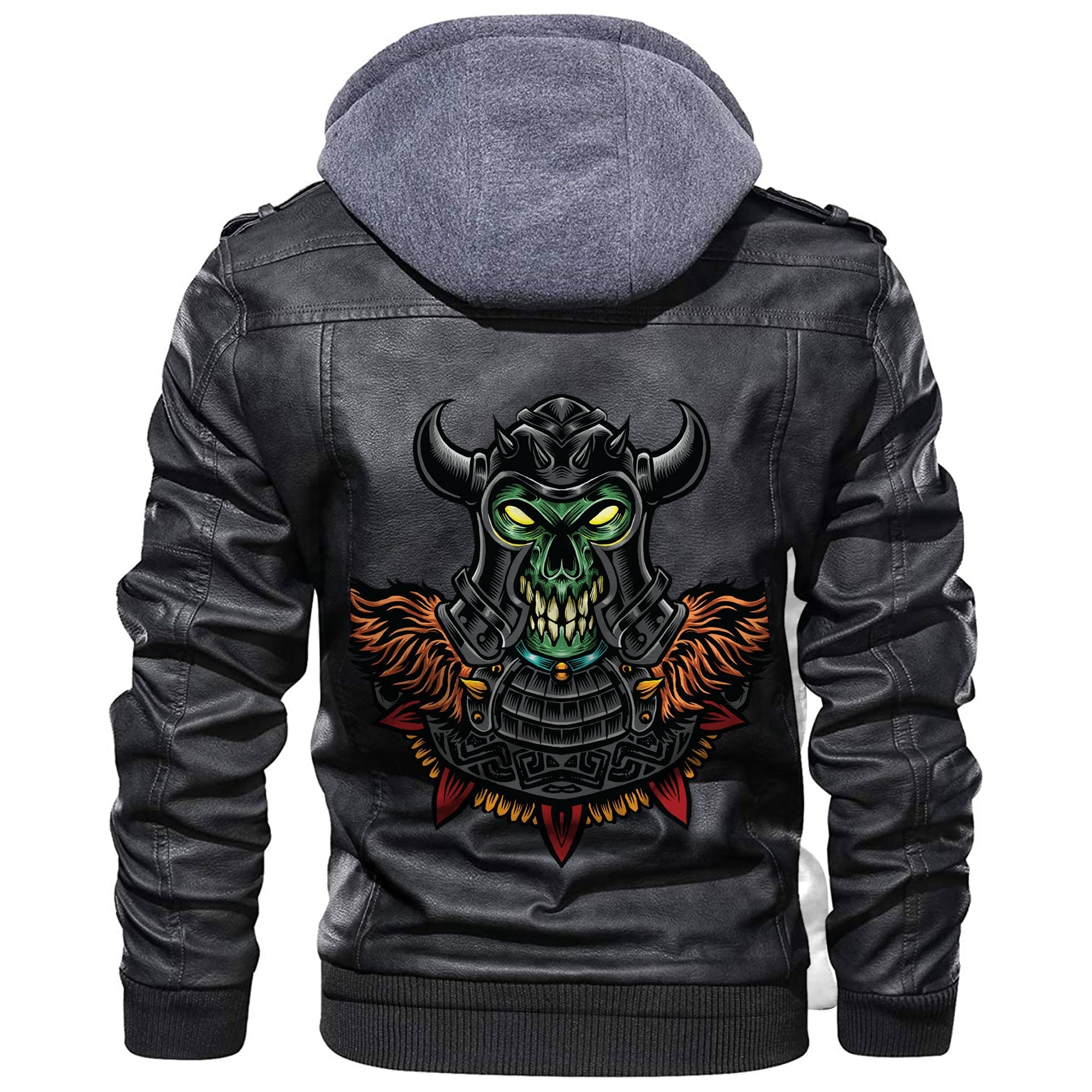 Viking Green Demon With Horn Metal Helmet Leather Jacket RLT12 - Wonder Print Shop