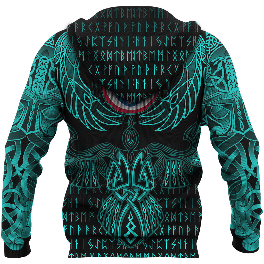 Viking Greenland Zip Hoodie Valknut of Odin Cyan RLT12 - Wonder Print Shop